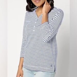 NEW-Cuddl Duds Cottonwear+ Elbow Sleeve Henley Top. A630219. Color: Navy Stripe.